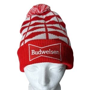 BUDWEISER Vintage Knit Toque Beanie Pompom Red White Beer Impact Machine